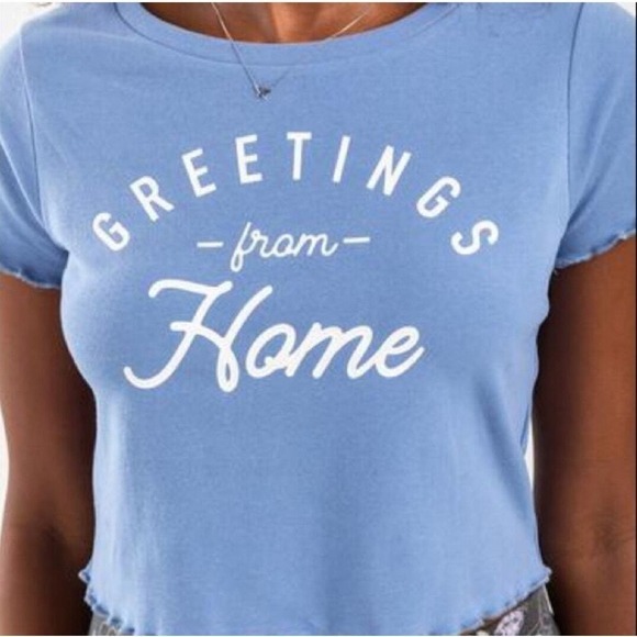 Alya Women's Cropped Lettuce Hem Greetings From Home T-Shirt Blue‎ Size Small - Picture 3 of 12
